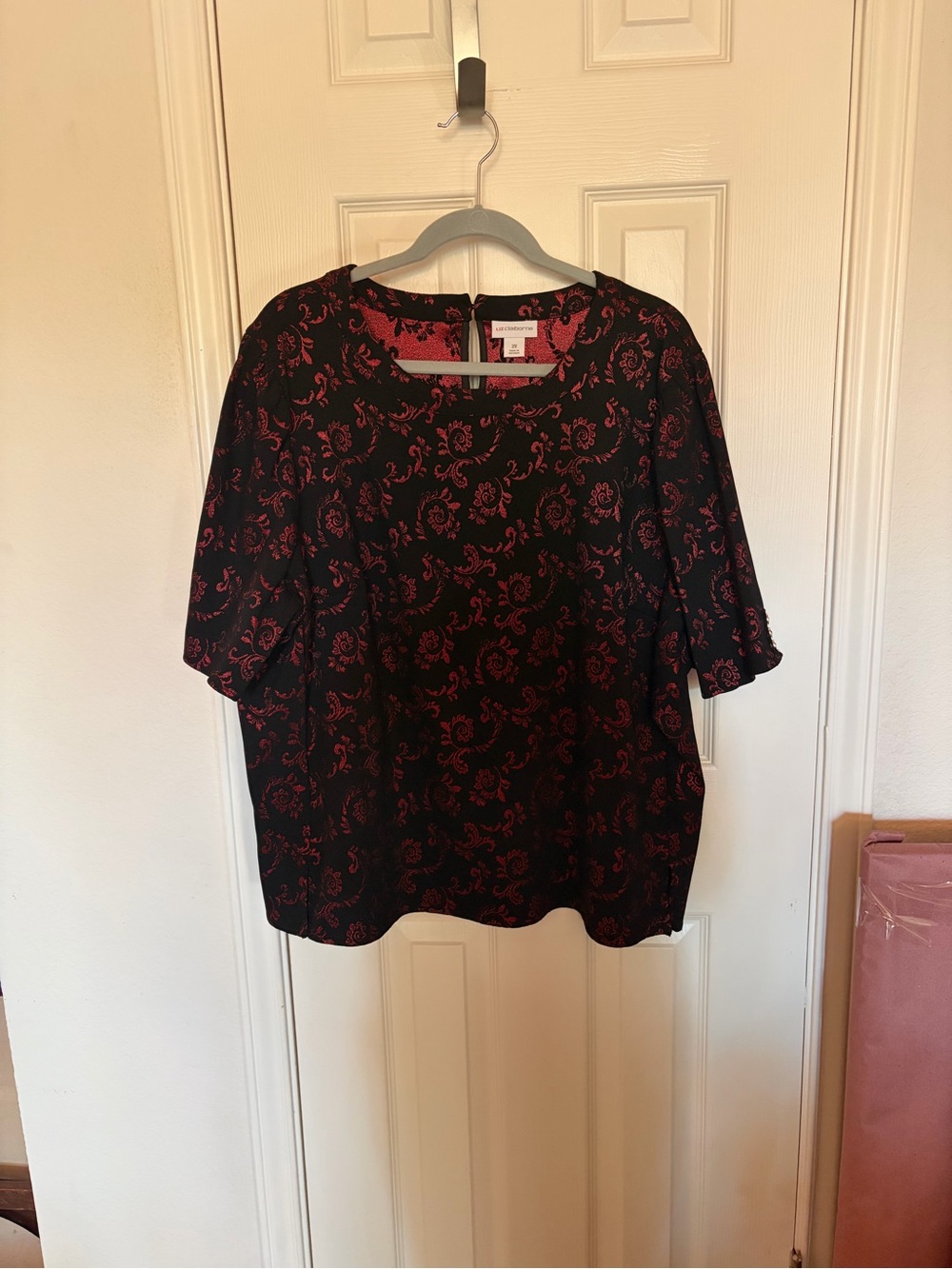 Liz Claiborne Black Top with Red Scroll Jacquard